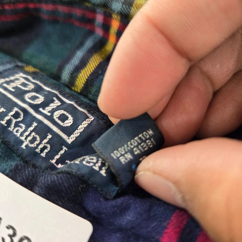 VINTAGE Polo Ralph Lauren Men Button Up Shirt XL Blue Plaid‎ Flannel Faux Suede